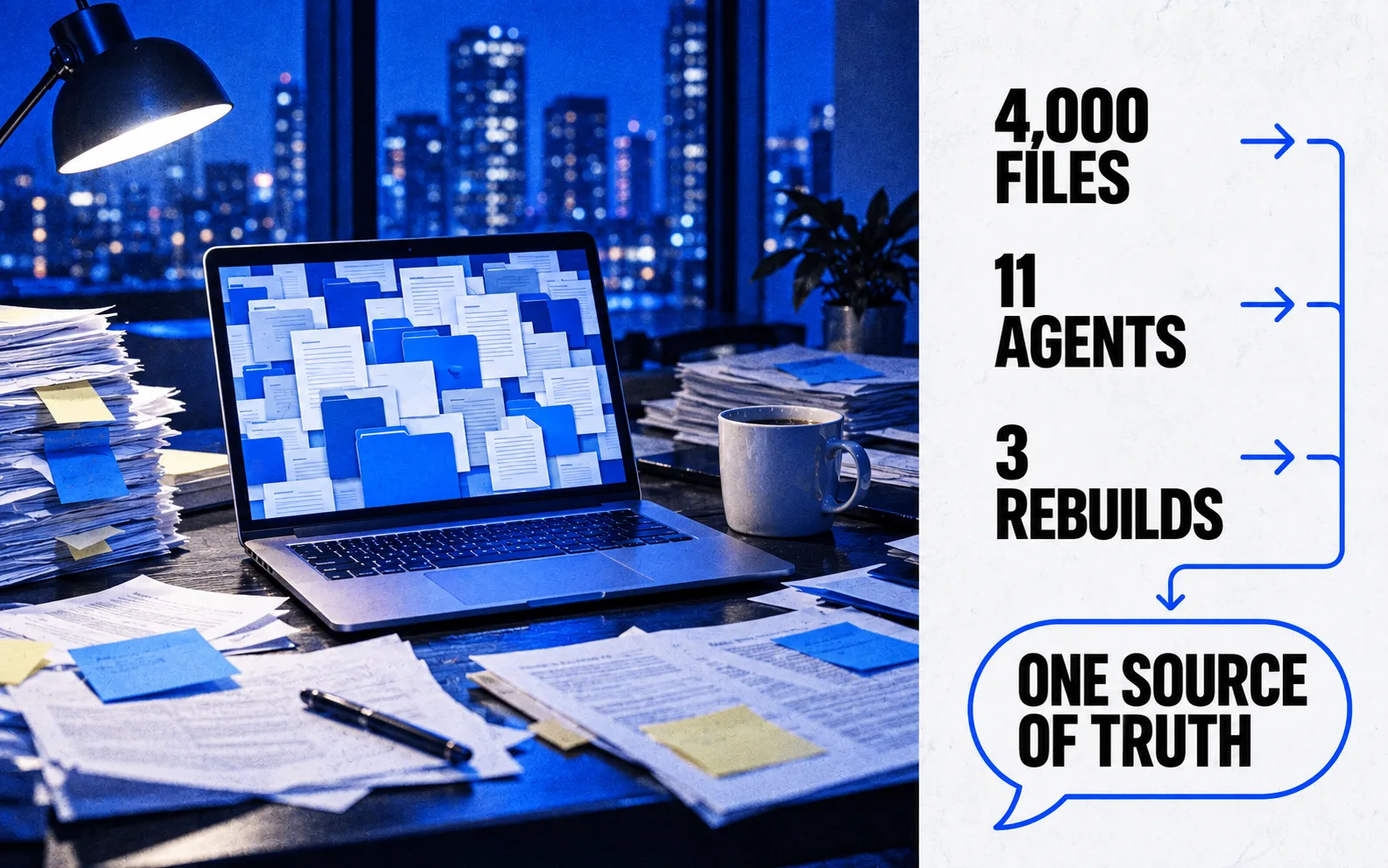 A desk at night buried in printed pages and a laptop full of files, with the labels 4,000 files, 11 agents, 3 rebuilds and the line One source of truth