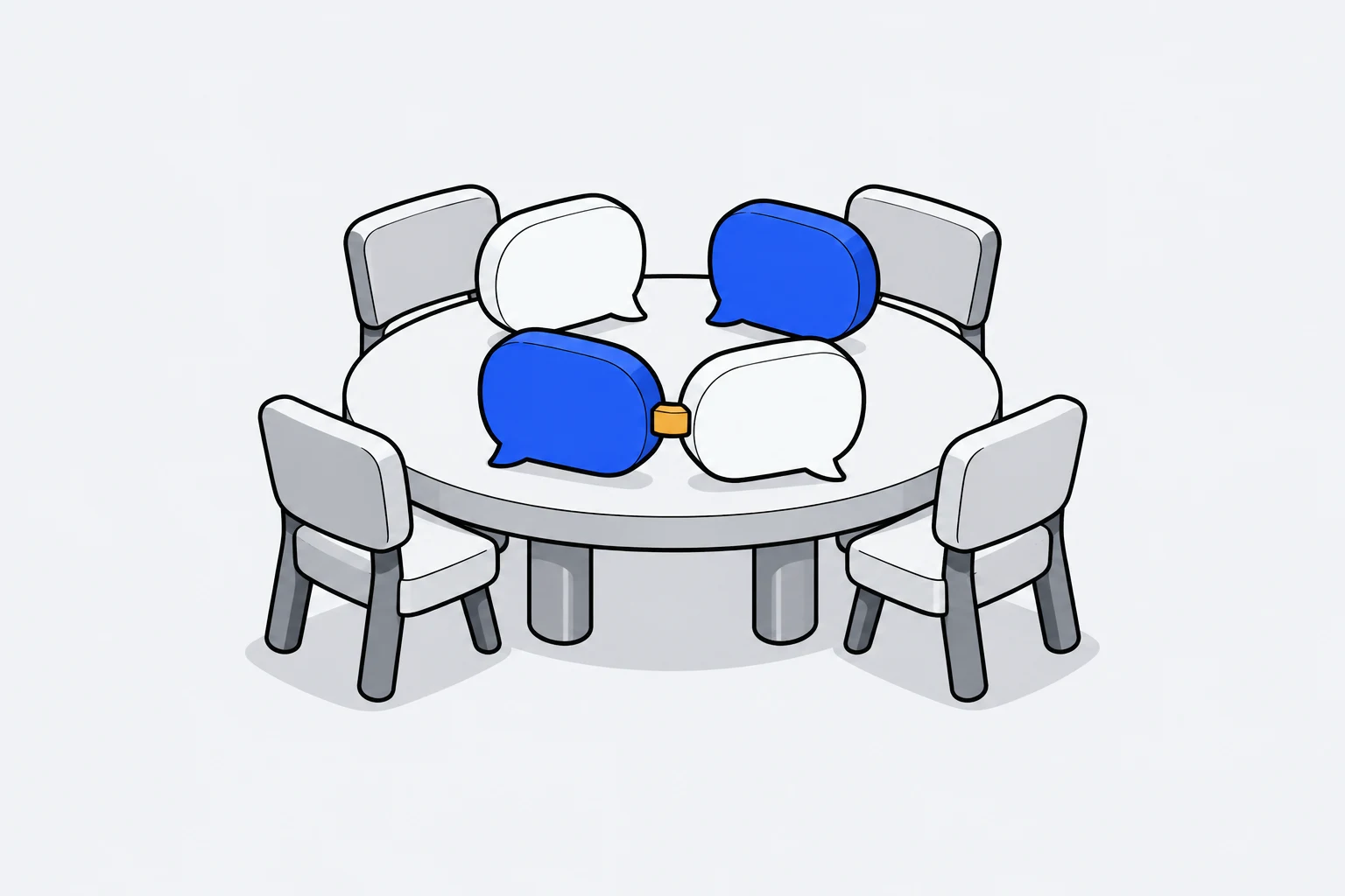 A round meeting table where white speech bubbles for people and cobalt ones for their AI agents sit together, two of them clipped with gold.