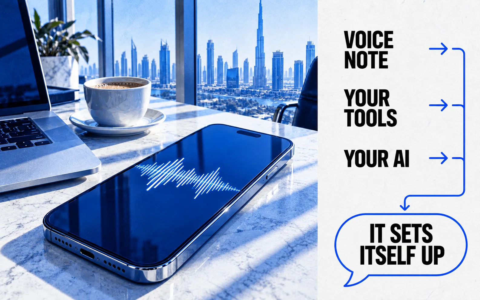 A phone showing a voice note on a marble desk overlooking the Dubai skyline, with the labels Voice note, Your tools, Your AI and the line It sets itself up