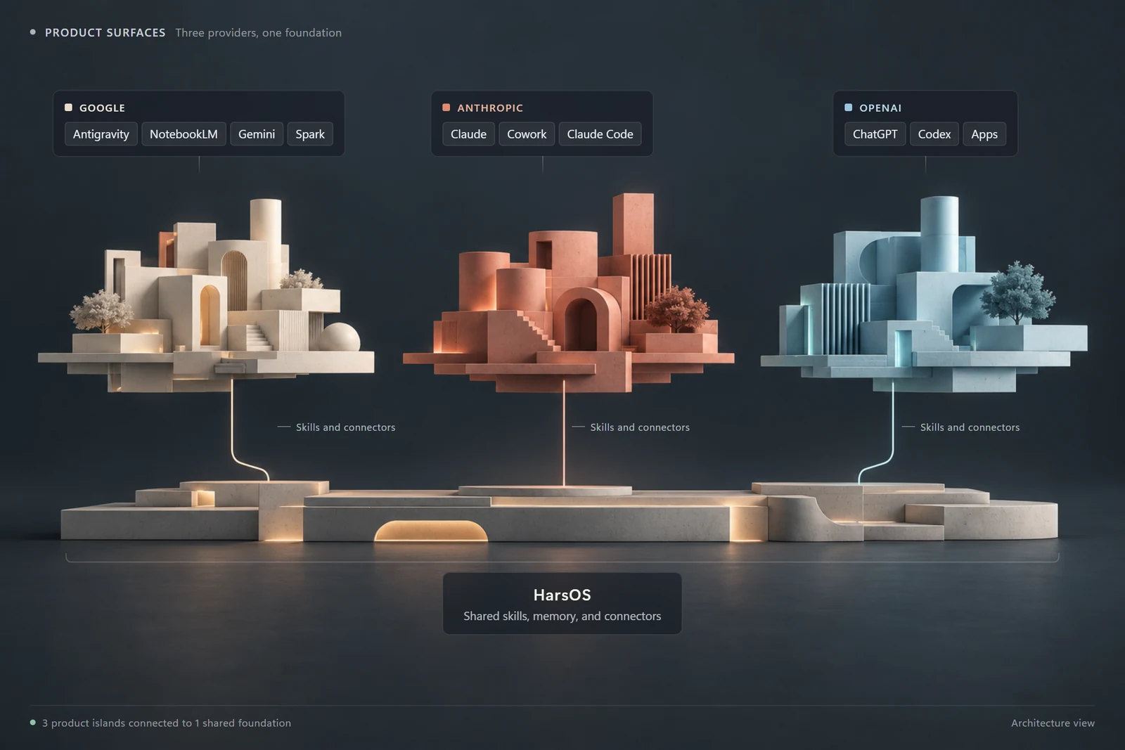 Each lab's apps sit on their own island. HarsOS is the foundation underneath all of them.