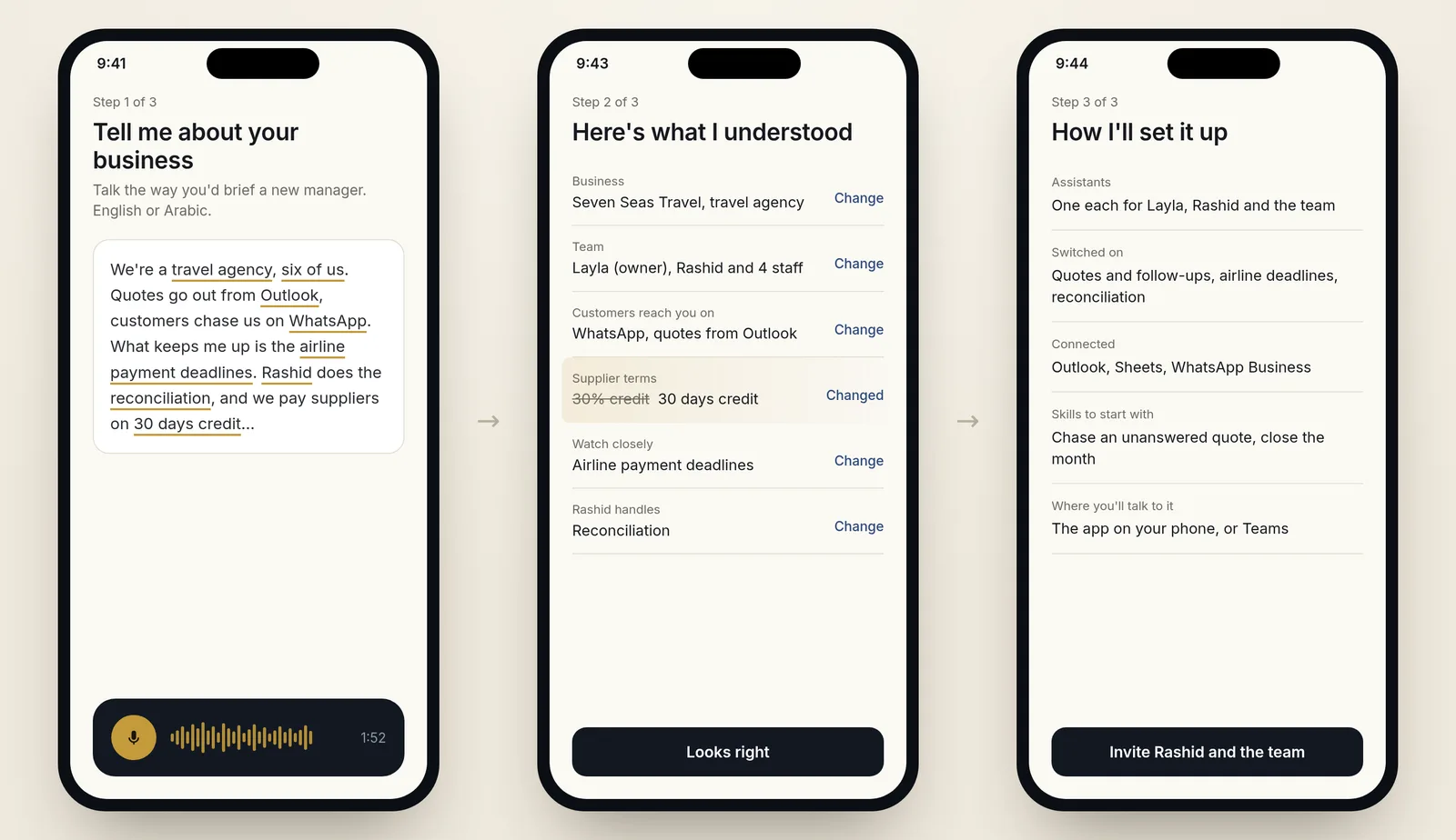 Talk, read it back, set it up. The owner fixes one row and the system builds itself around the answers.