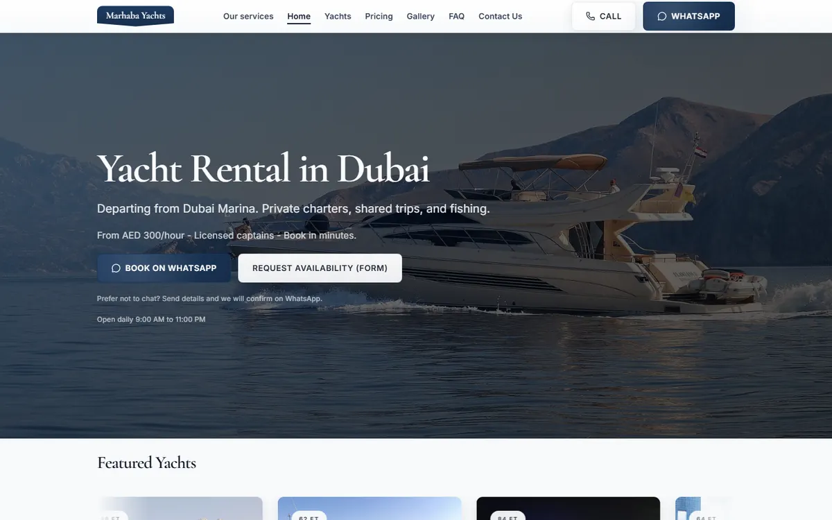 The live Marhaba Yachts website shown on a desktop browser